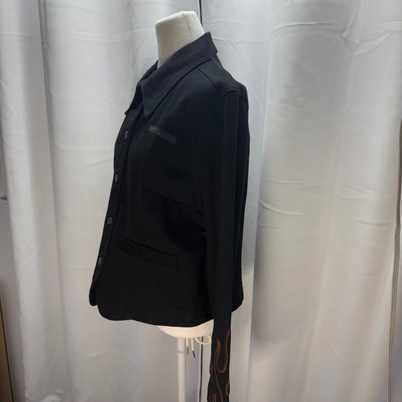 Vintage Harley Davidson Jean Jacket Black Denim Moto Embroidered Flames Size L - Picture 5 of 10